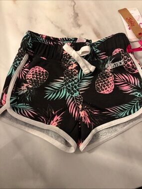 Justice Black Athletic Shorts with Pink & Teal Pineapple Print